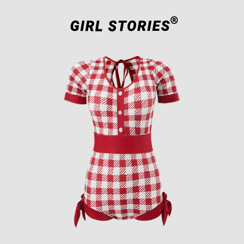 Girl stories泳衣女夏微胖短袖显瘦遮肉小香风连体网红风泡温泉