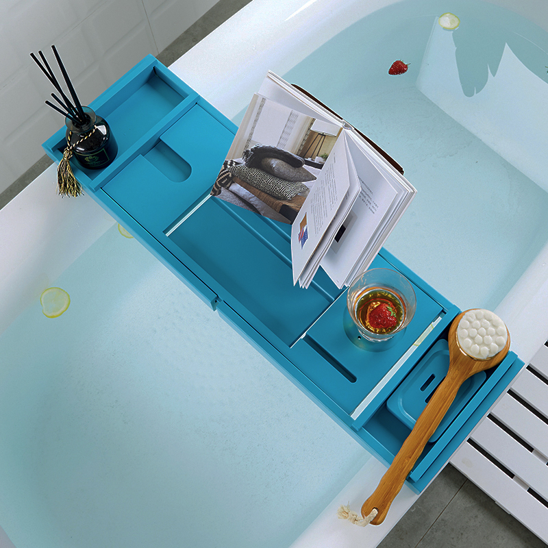 浴缸架蓝色竹伸缩泡澡架防滑浴缸置物板轻奢浴缸支架板浴缸置物架