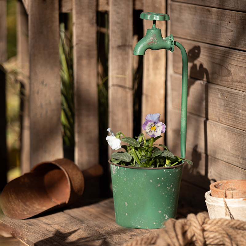 铁艺水龙头花盆绿色花器铁皮做旧创意阳台花园户外庭院装饰品