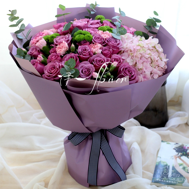 母亲节鲜花束紫玫瑰康乃馨绣球北京鲜花速递同城花店长辈生日送花