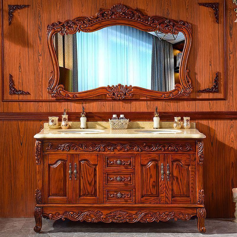 欧式红橡木浴室柜组合大理石洗手洗脸盆仿古卫生间双盆落地组合柜