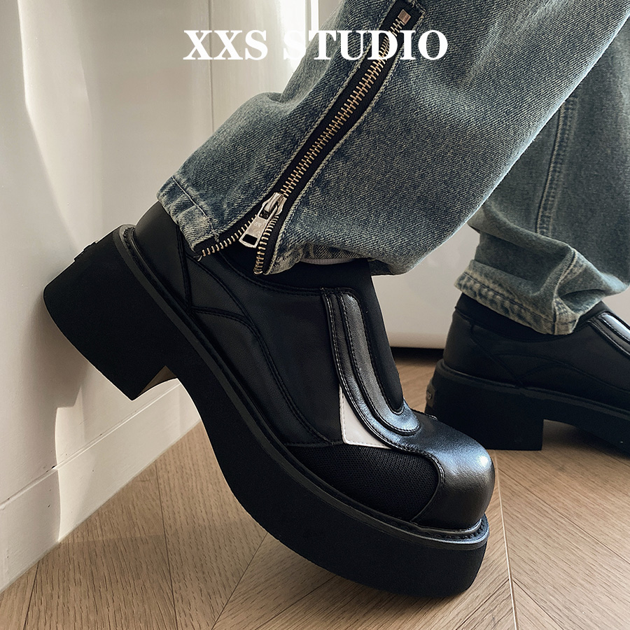 XXS Studio增高6CM翘头真皮德比鞋小众走秀款拼色大头米奇皮鞋男