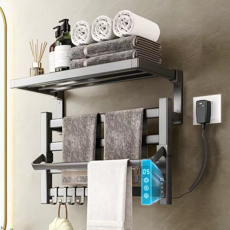 枪灰电热毛巾架家用智能卫生间免打孔碳纤维加热烘干浴室置物架