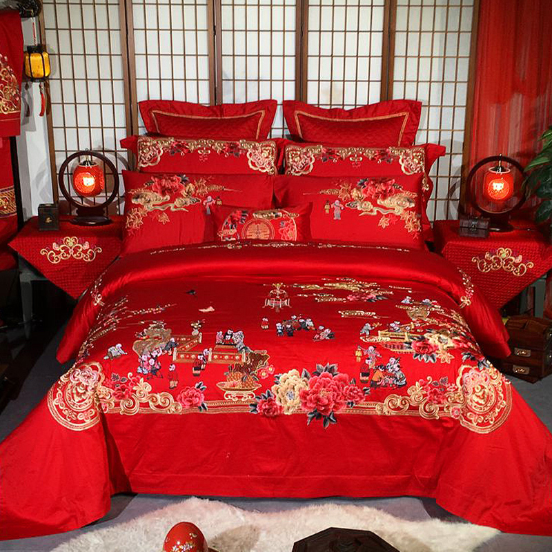 100支全棉百子图婚庆四件套大红结婚床上用品纯棉喜被六八十件套