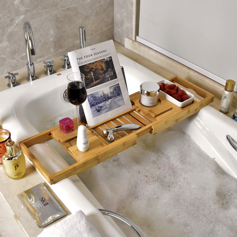 竹制浴缸架伸缩收纳架卫生间置物架浴缸置物板多功能浴缸泡澡架子