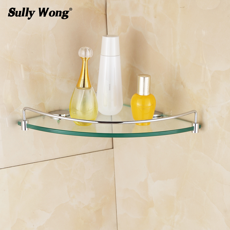 不锈钢 铜 浴室三角钢化玻璃置物架 淋浴房化妆品单层扇形转角架