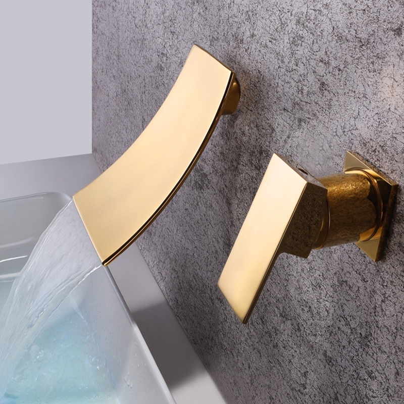 面盆浴缸冷热水龙头全铜瀑布出水嘴带开关单把金色入墙暗装嵌入式