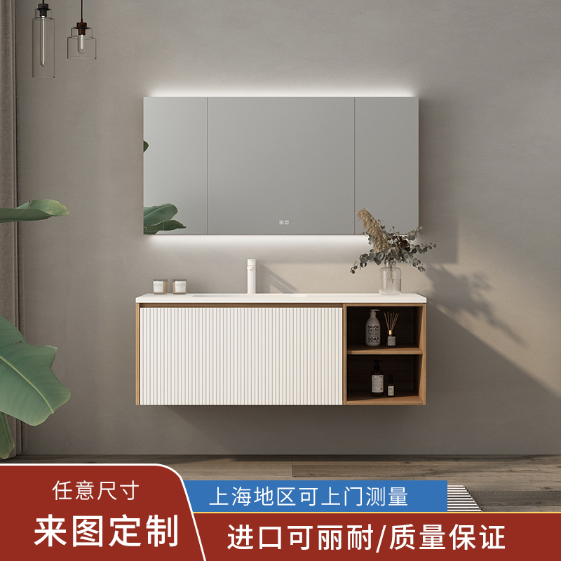 现代简约杜邦可丽耐热压一体盆浴室柜组合洗脸盆上海工厂高端定制