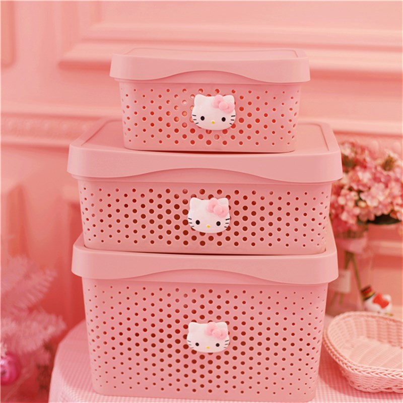 包邮粉色塑料收纳筐卡通K*T猫咪有盖桌面整理盒储物篮镂空收纳篮