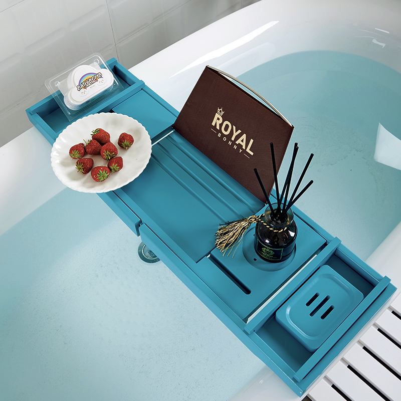 推荐浴缸架蓝色竹伸缩泡澡架防滑浴缸置物板轻奢浴缸支架板浴缸置
