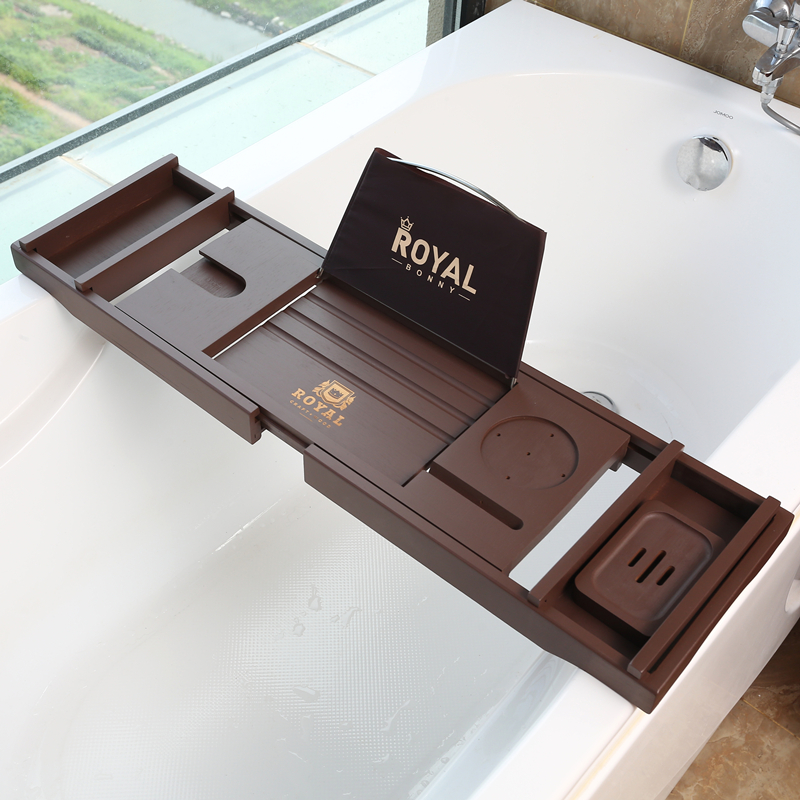 欧式咖色泡澡架竹木浴缸置物y架可伸缩浴缸架酒店民宿浴缸置物板