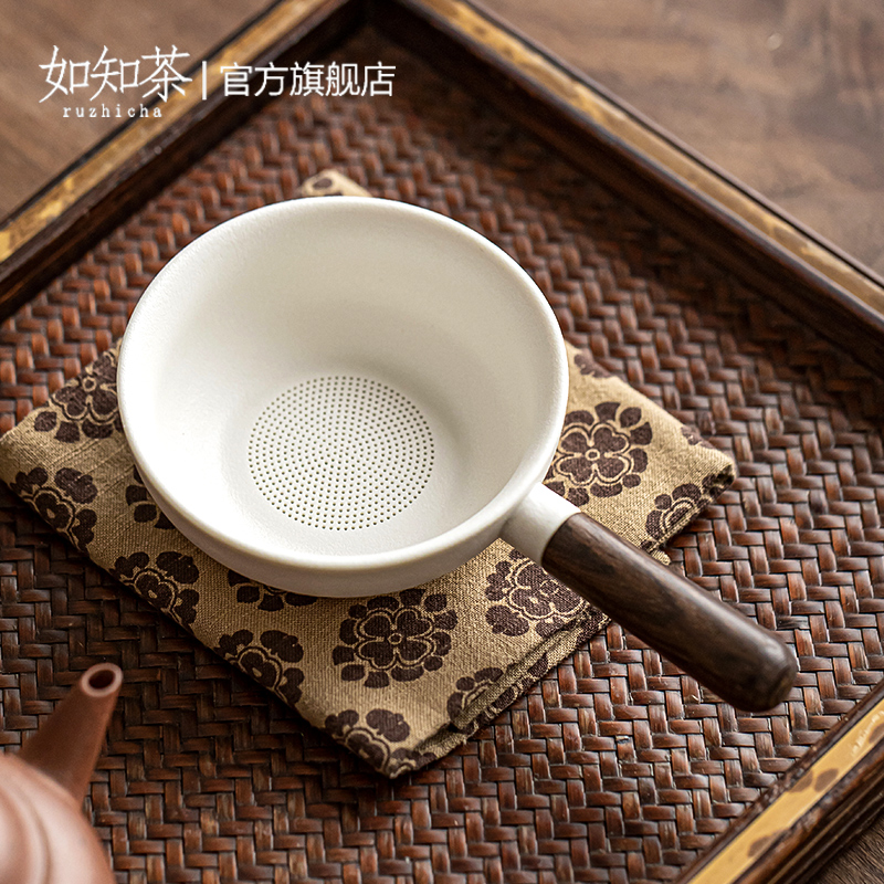 禅黑全瓷孔一体茶漏滤茶防烫侧把茶叶过滤器套组茶隔陶瓷茶具配件