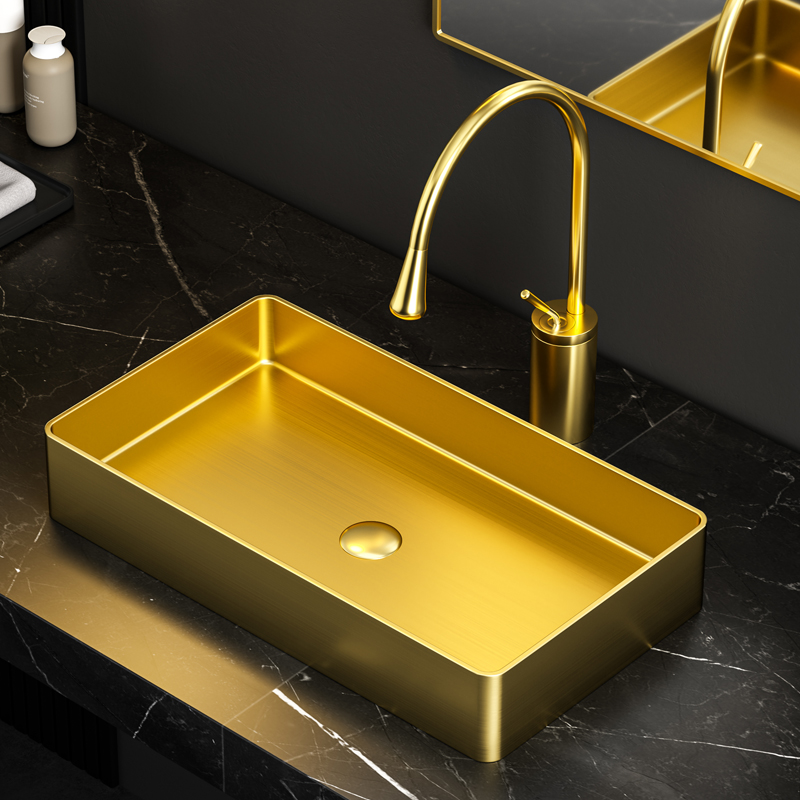 金色304不锈钢洗手盆台上盆单盆洗漱池面盆长方形轻奢卫生间家用