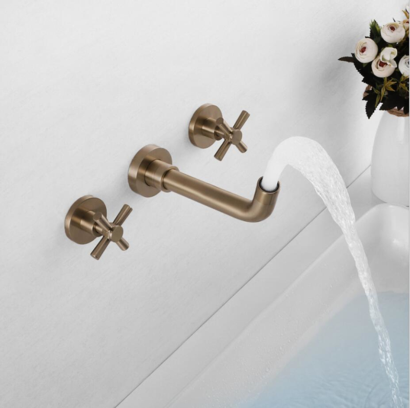 全铜浴缸面盆龙头玫瑰金拉丝双把三孔瀑布出水冷热暗装墙体嵌入式