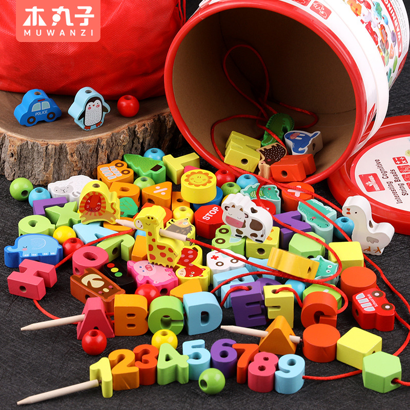 串珠游戏100粒木制数字字母交通水果蔬菜农场 幼儿园儿童益智玩具