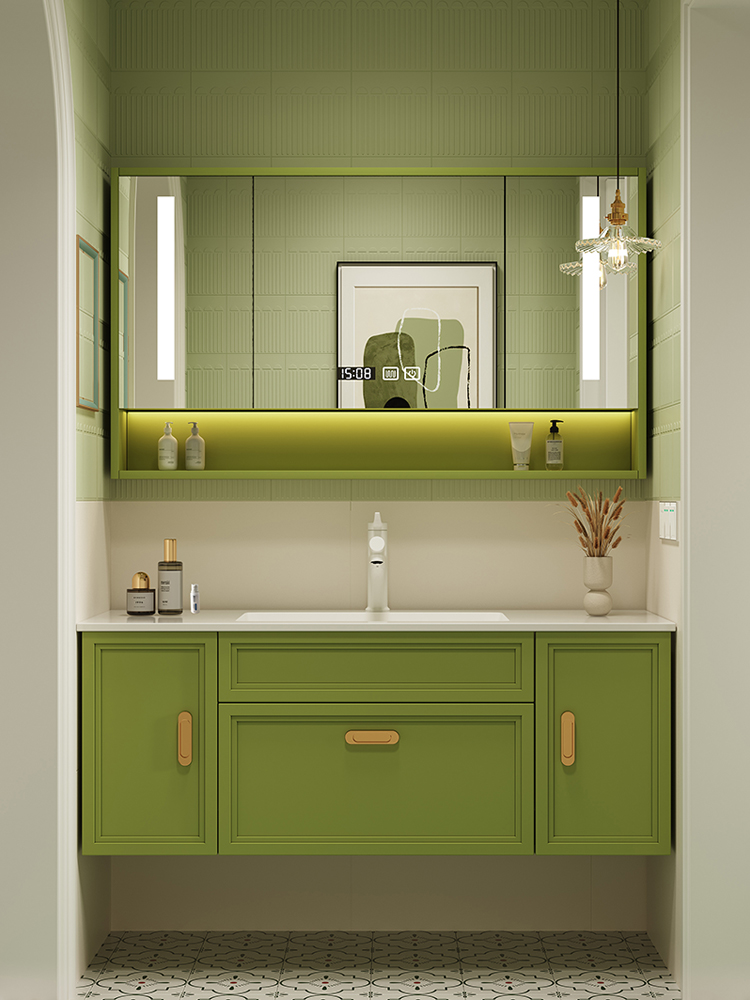 岩板无缝陶瓷一体盆浴室柜组合橡木牛油果绿卫生间洗手洗脸台盆柜