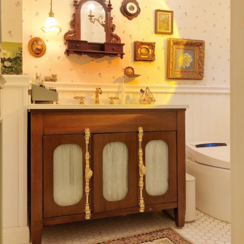 法式复古浴室柜组合中式美式岩板洗漱台落地陶瓷一体盆定制卫浴柜
