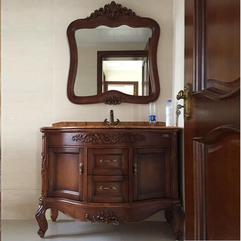 欧式浴室柜雕花仿古洗手台橡木实木卫浴柜组合卫生间大理石洗漱台
