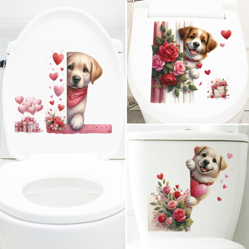 卡通可爱小狗玫瑰花粉色浴室卫生间马桶装饰贴纸墙贴画盖子水箱
