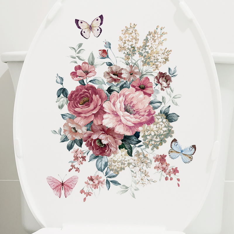 花朵植物蝴蝶墙贴纸防水自粘厕所卫生间马桶盖子水箱贴画瓷砖寝室