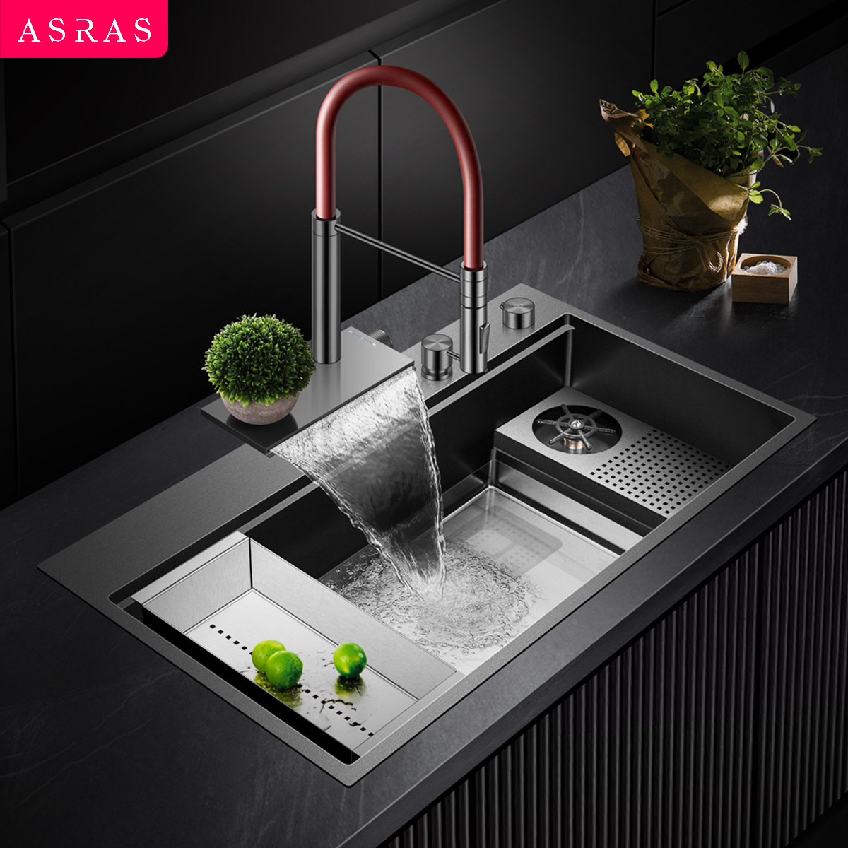 阿萨斯304不锈钢厨房黑色纳米水槽洗杯器瀑布洗菜盆大单槽
