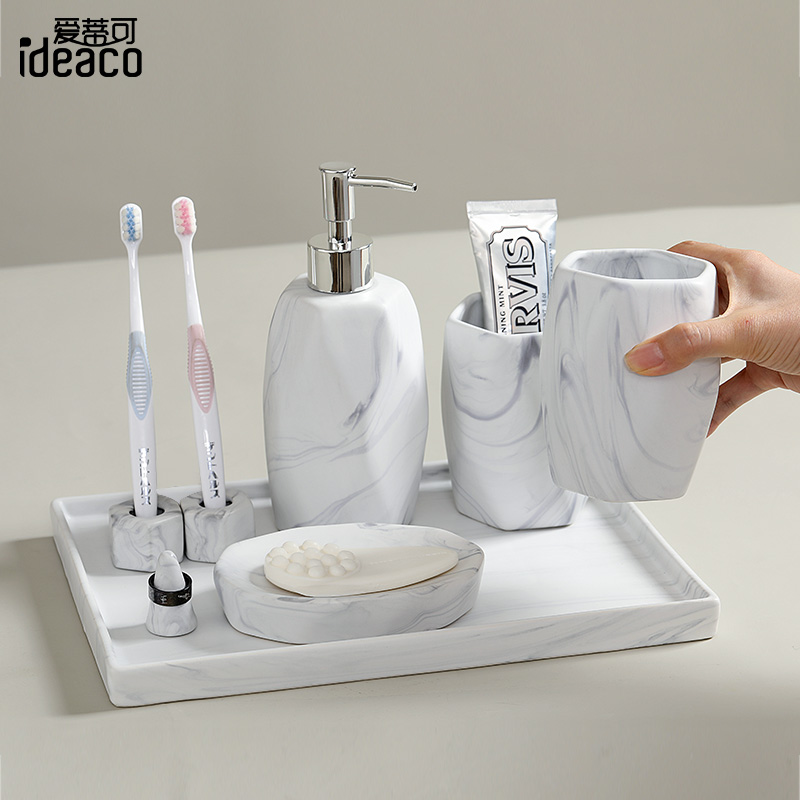 北欧简约大理石纹陶瓷卫浴五件套创意卫生间牙刷杯漱口杯洗漱套装