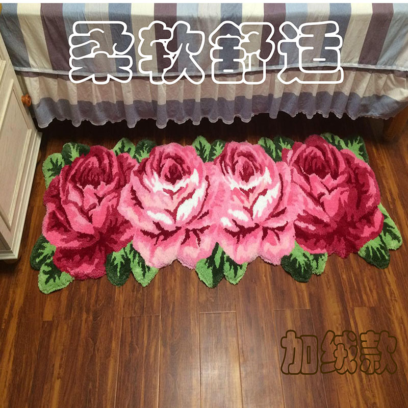 手工推荐卧室精品4朵长条粉红刺绣地毯玫瑰床边垫飘窗垫卫浴地垫
