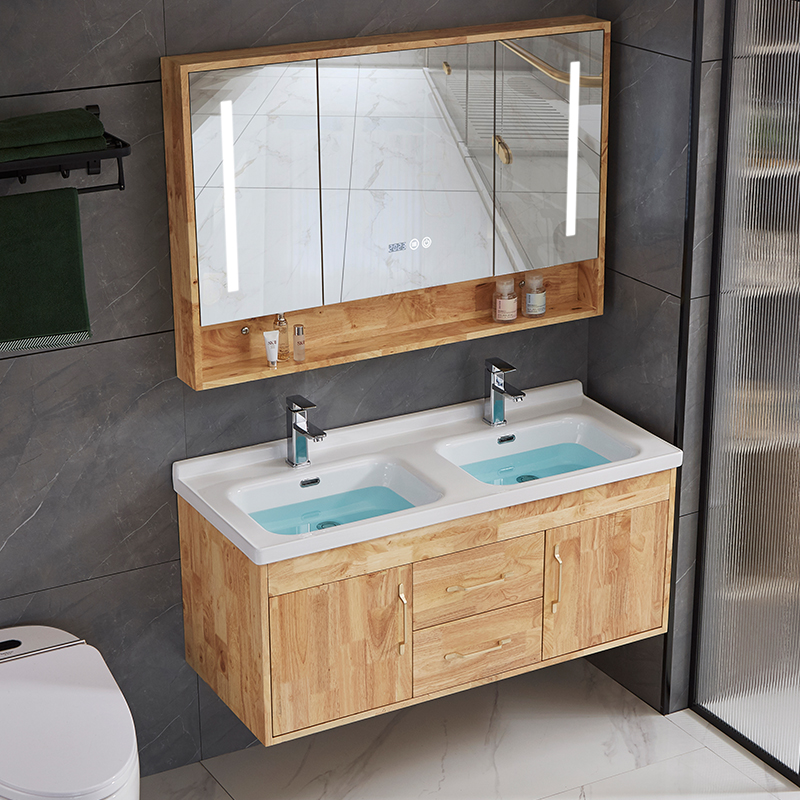 原木色双盆浴室柜组合卫生间智能现代简约洗手洗脸橡木一体洗漱台