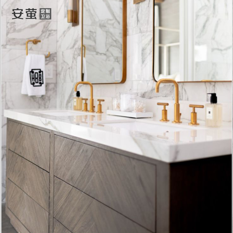 新品美式简约落地浴室柜组合岩板定制实木洗手脸面盆轻奢卫生间洗