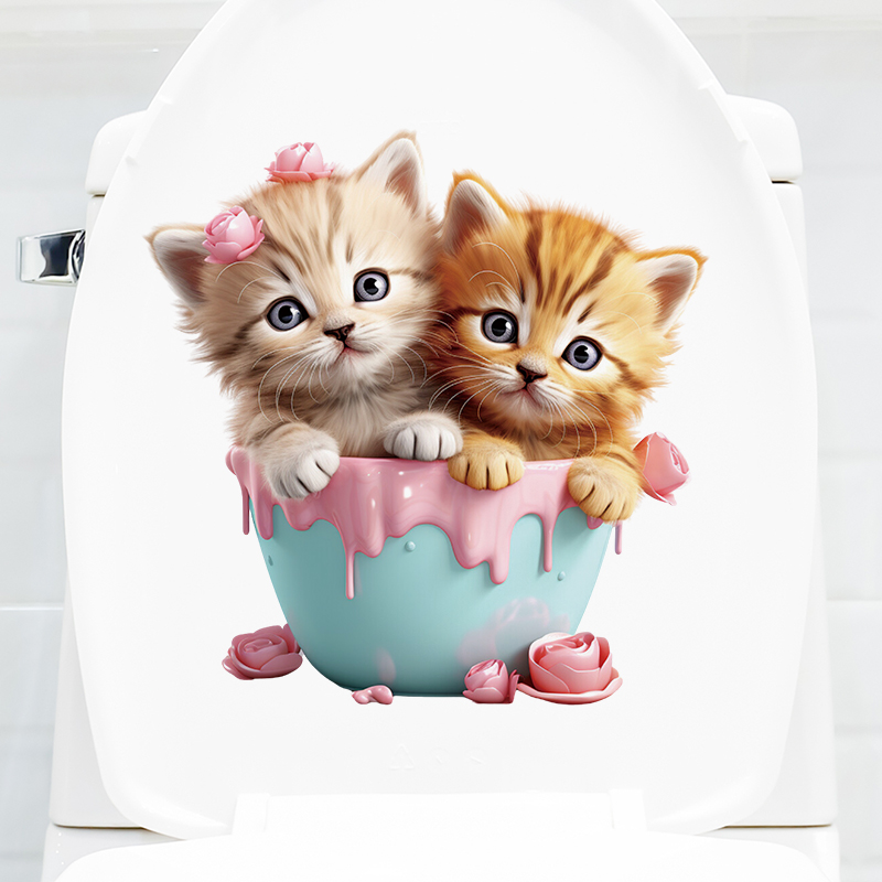 可爱卡通猫咪马桶贴纸厕所瓷砖装饰墙贴画防水自粘寝室盖子水箱
