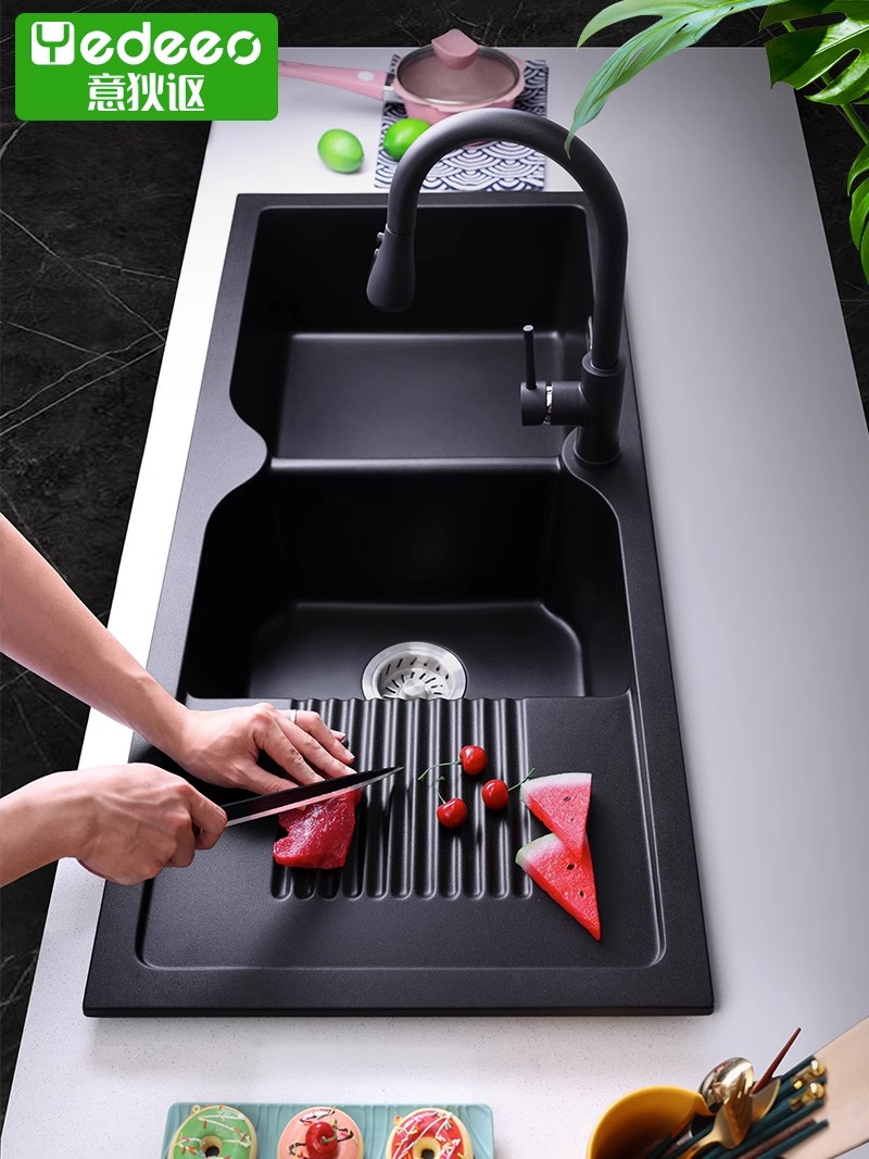 意狄讴石英石水槽双槽沥水板厨房大双槽多功能洗菜盆台下黑色7512