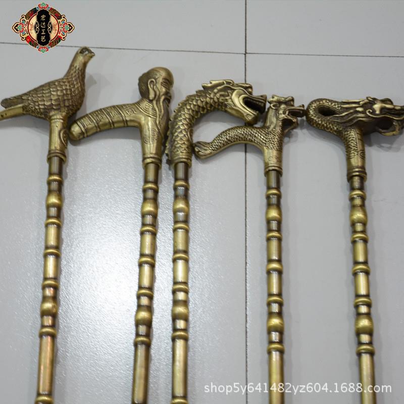 黄铜鸽子寿星龙头 铜拐杖 文玩收藏礼品摆件