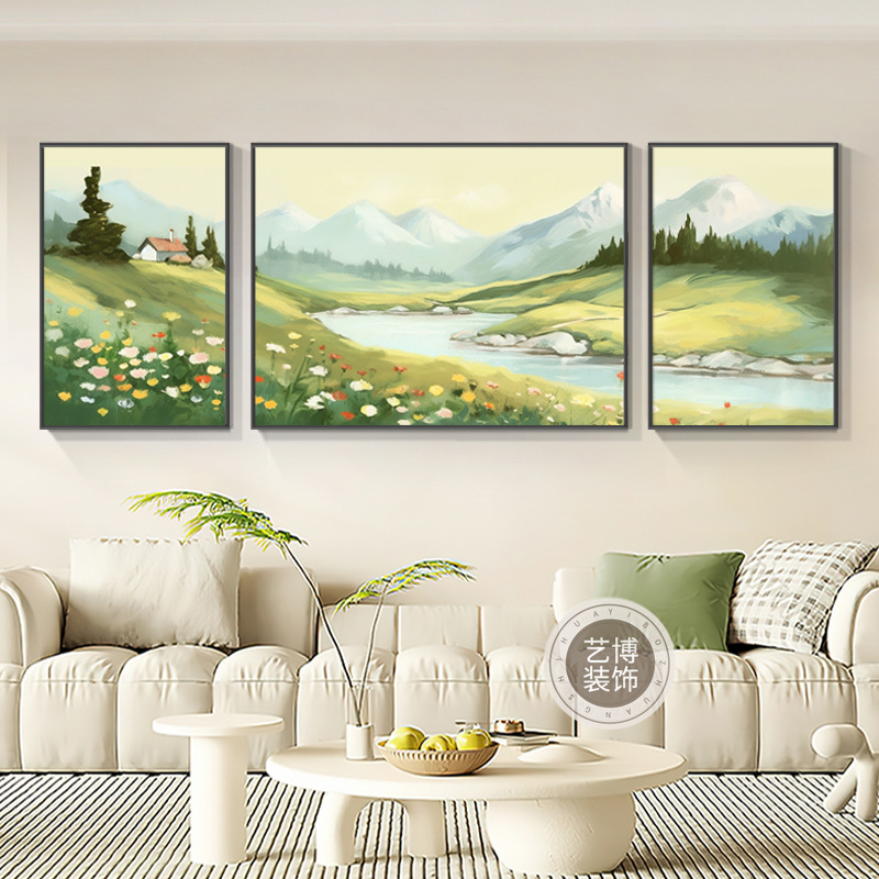 日照金山装饰画客厅靠山图挂画北欧沙发背景墙山水风景三联墙壁画