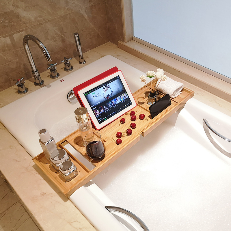 伸缩支架竹欧式泡澡浴盆置物架浴缸卫生间可调节板架防滑木桶浴缸