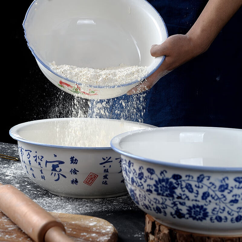 老式和面陶瓷家用盆厨房陶瓷盆带盖瓷盆揉面盆小号鱼图面盆适1~3|