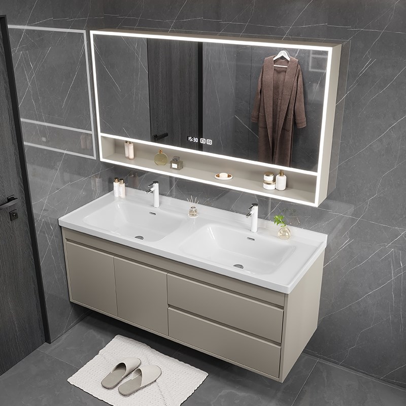 现代简约陶瓷一体双盆浴室柜组合卫生间洗手漱台洗脸池智能镜定制