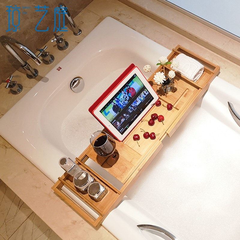 琼艺庭竹制浴缸架多功能泡澡红酒架卫生间浴缸置物架平板手机支架