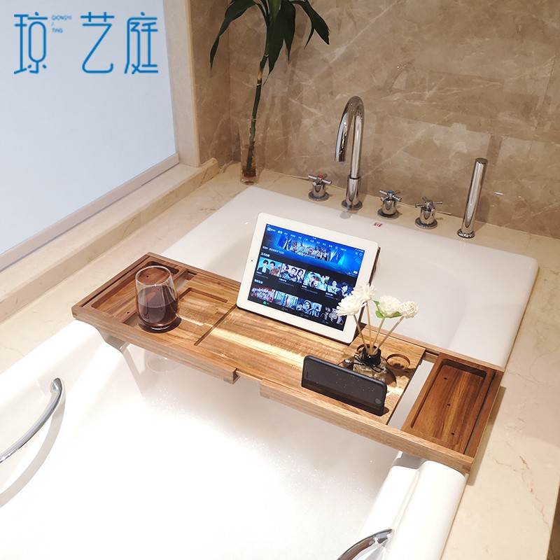 支架欧式浴缸置物架架泡澡竹木架轻奢ipad平板防滑伸缩多功能浴缸