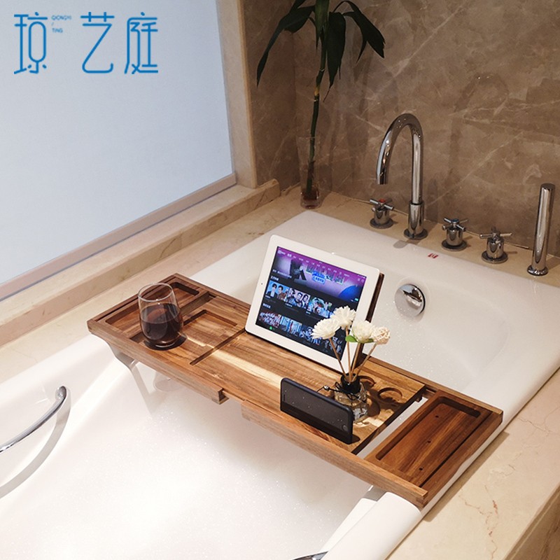 浴缸架伸缩防滑欧式浴缸置物架竹木轻奢泡澡架多功能ipad平板支架