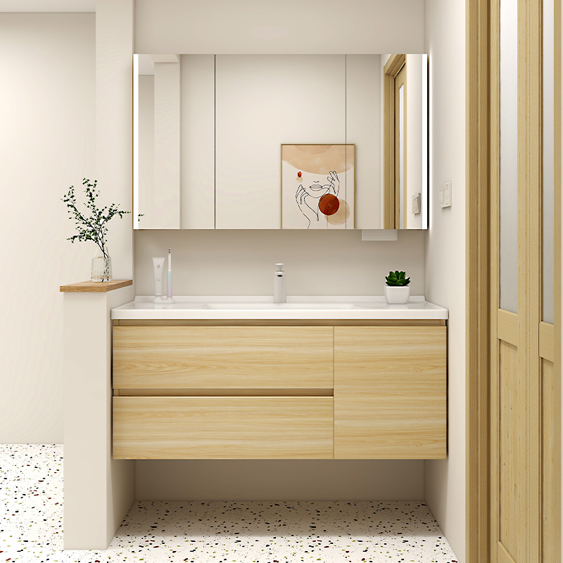 现代简约原木风陶瓷一体盆浴室柜洗脸盆卫生间洗漱台洗手盆柜组合