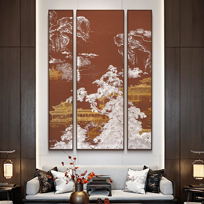 新中式客厅沙发背景墙挂画锦绣山河图餐厅高端大气多联浮雕装饰画