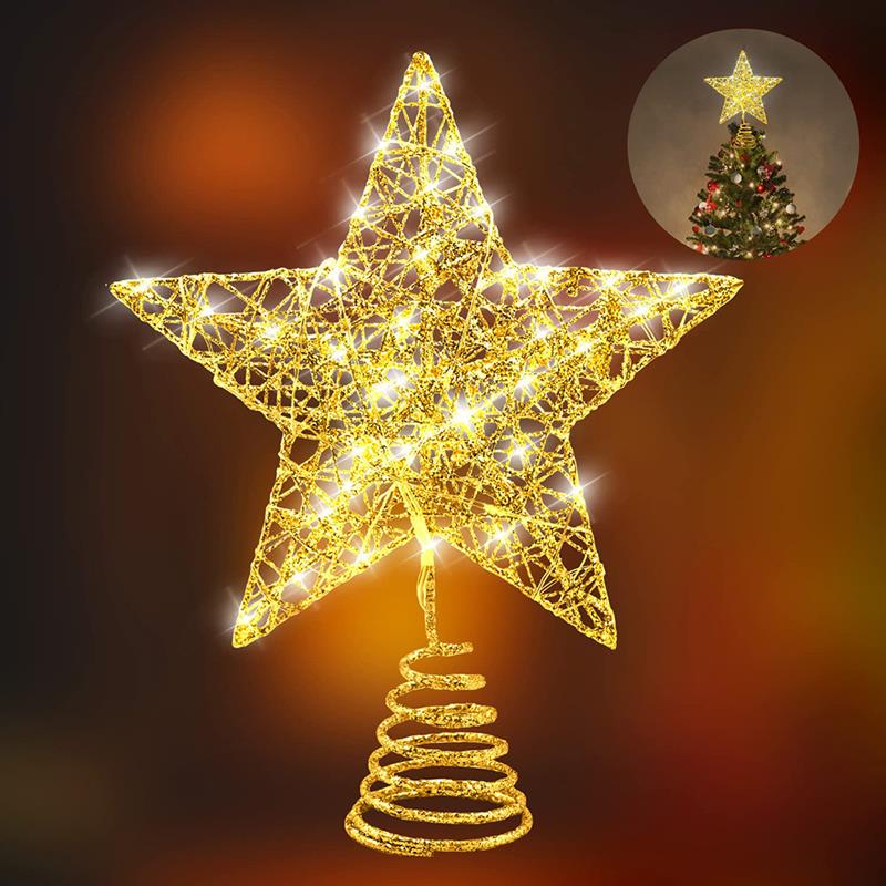 新品圣诞树装饰灯 led铜丝星星灯铁艺闪粉圣诞树顶星带灯串
