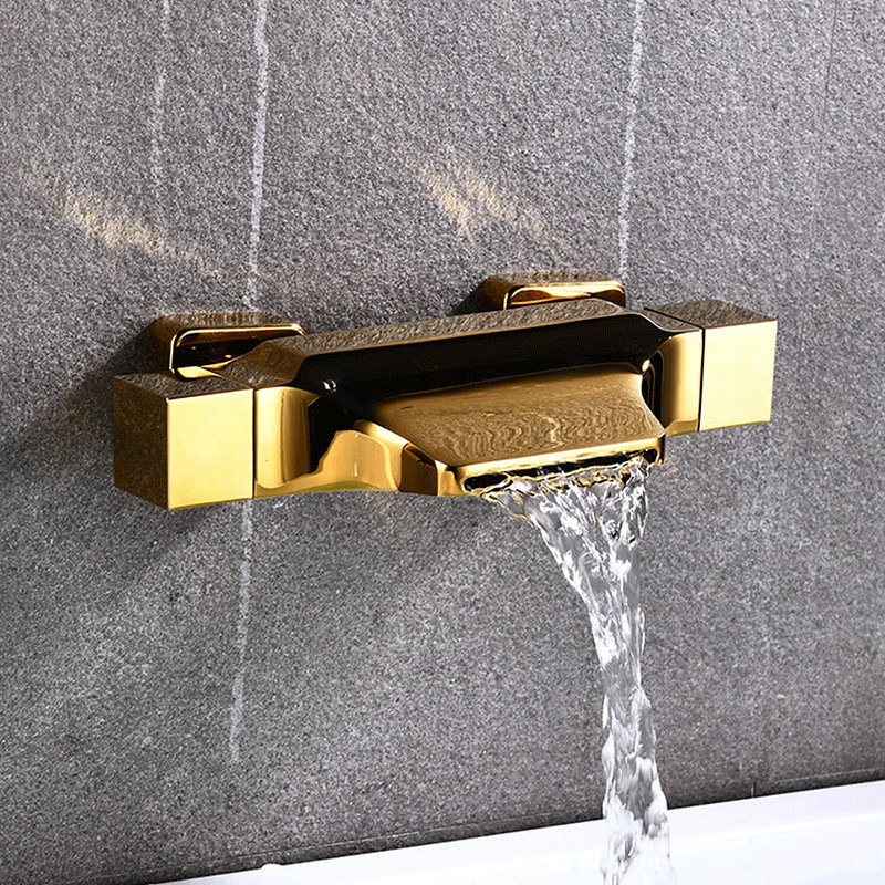 金色浴缸水龙头冷热水缸边式简易三联淋浴瀑布入墙式欧式美式铜