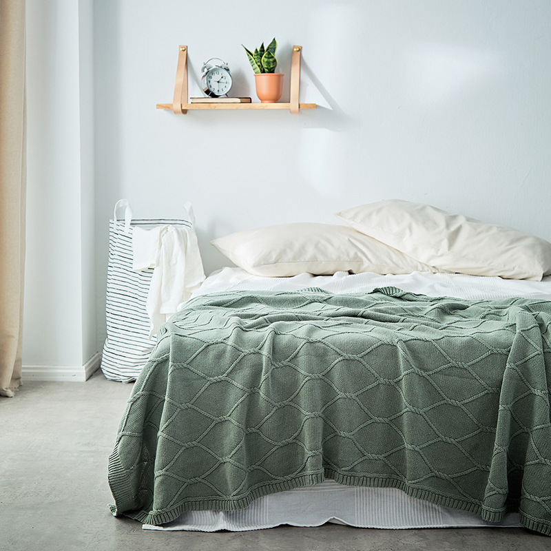 搭毯 北欧全棉线毯客厅沙发菱格搭巾素色简约床上休闲毯子