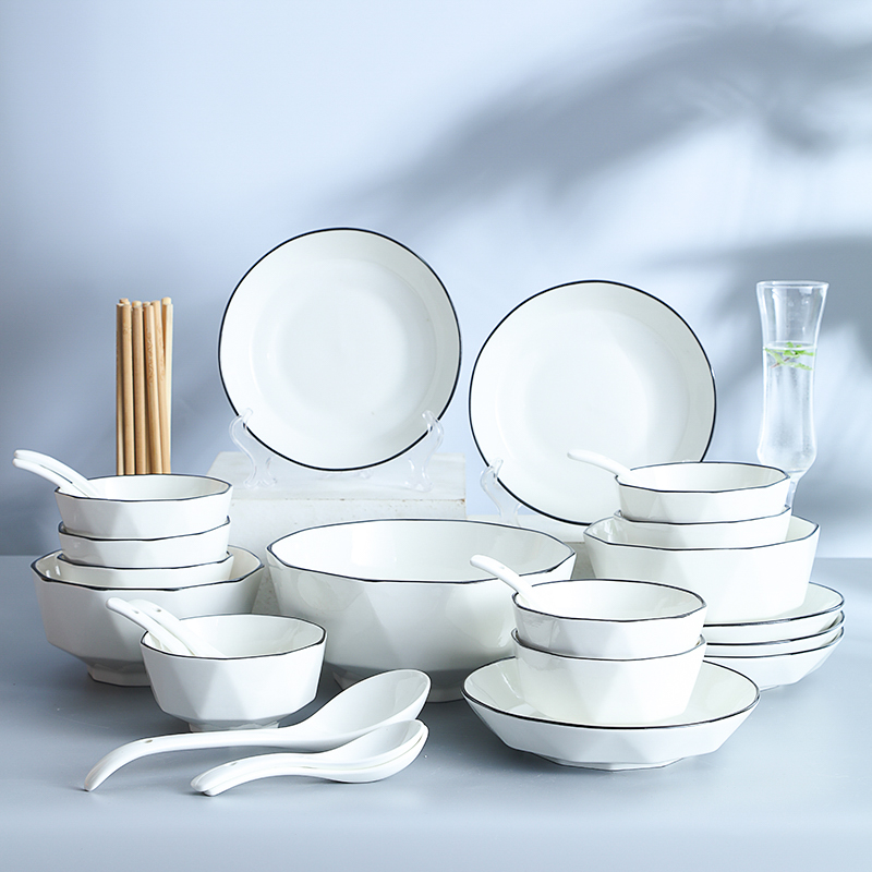 碗筷碟盘子套装家用陶瓷汤碗泡面饭碗2-8人家庭钻石碗盘餐具套装