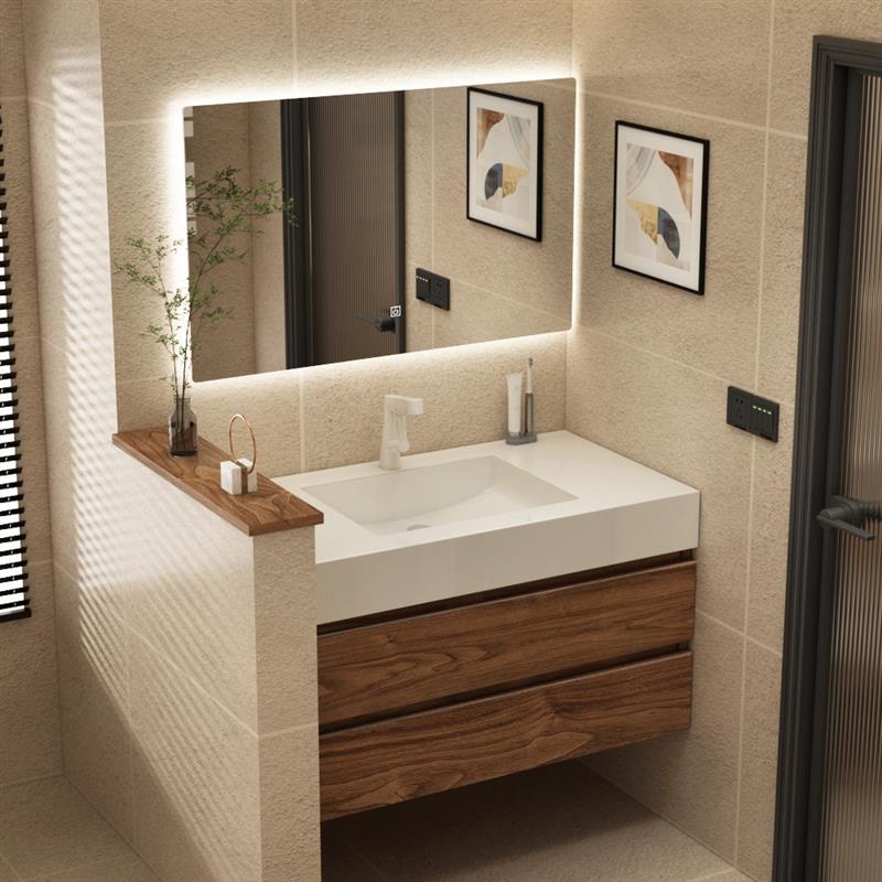 北欧黑胡桃木色浴室柜岩板一体盆卫生间洗漱台洗脸洗手池2023新款