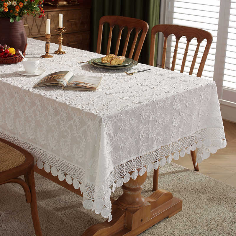 桌布绣花蕾丝法式白色简约轻奢高级感北欧美式台布方形圆形布盖布
