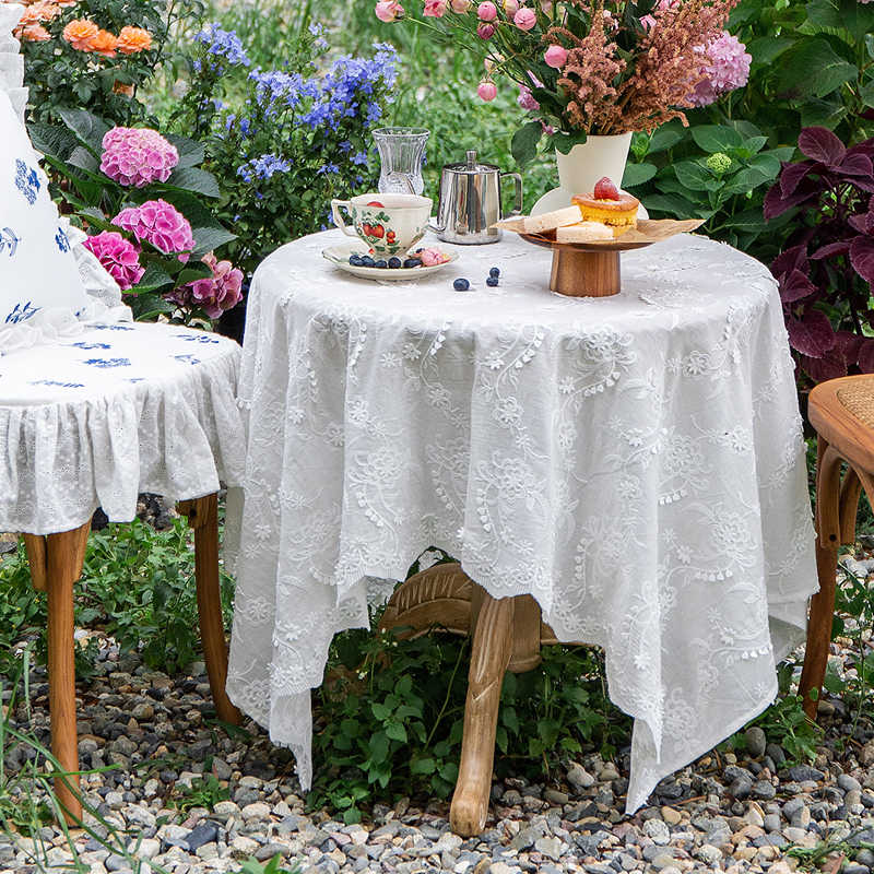 白色蕾丝桌布高级感法式圆桌下午茶台布棉麻绣花茶几桌布长方形