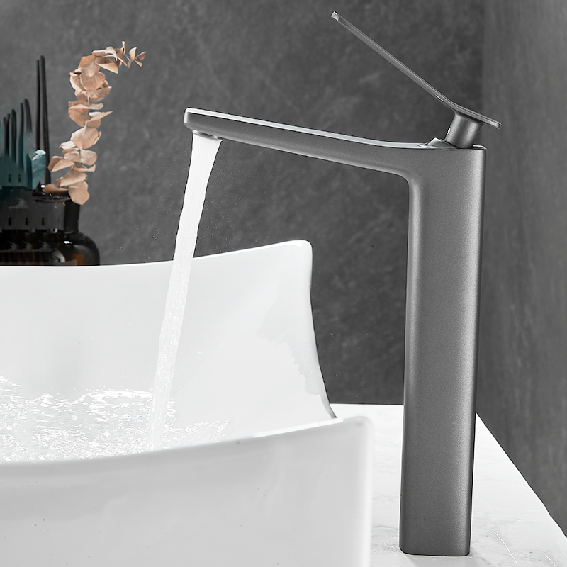 全铜灰色冷热台上盆水龙头洗脸面盆洗手池浴室卫生间简约加高单孔