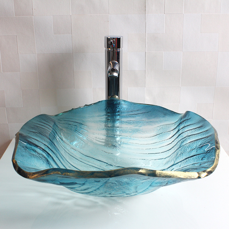 博威雅台盆钢化玻璃洗手盆浴室洗脸盆蓝色台上盆 艺术盆厂家